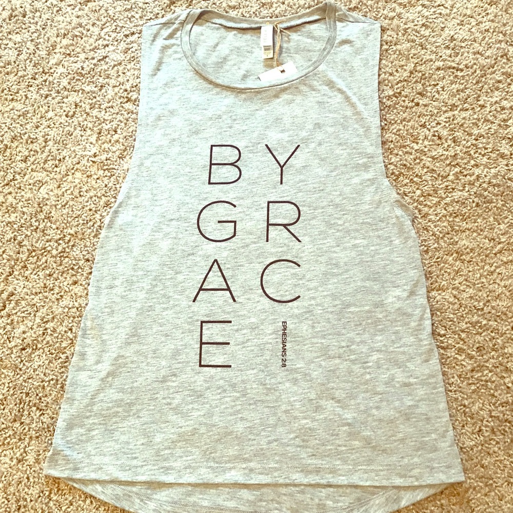 “BY GRACE” scripture loose fit muscle tee